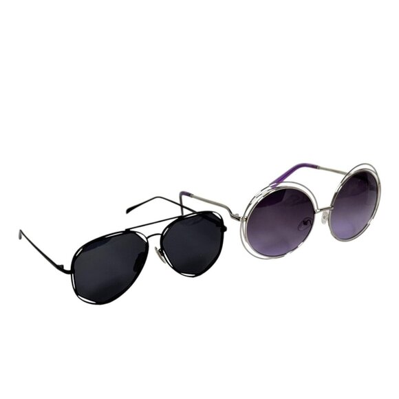 Sunglasses Black Blue Aviator Round Set Of 2 Summer Beach Fashion Accessories - Picture 1 of 8